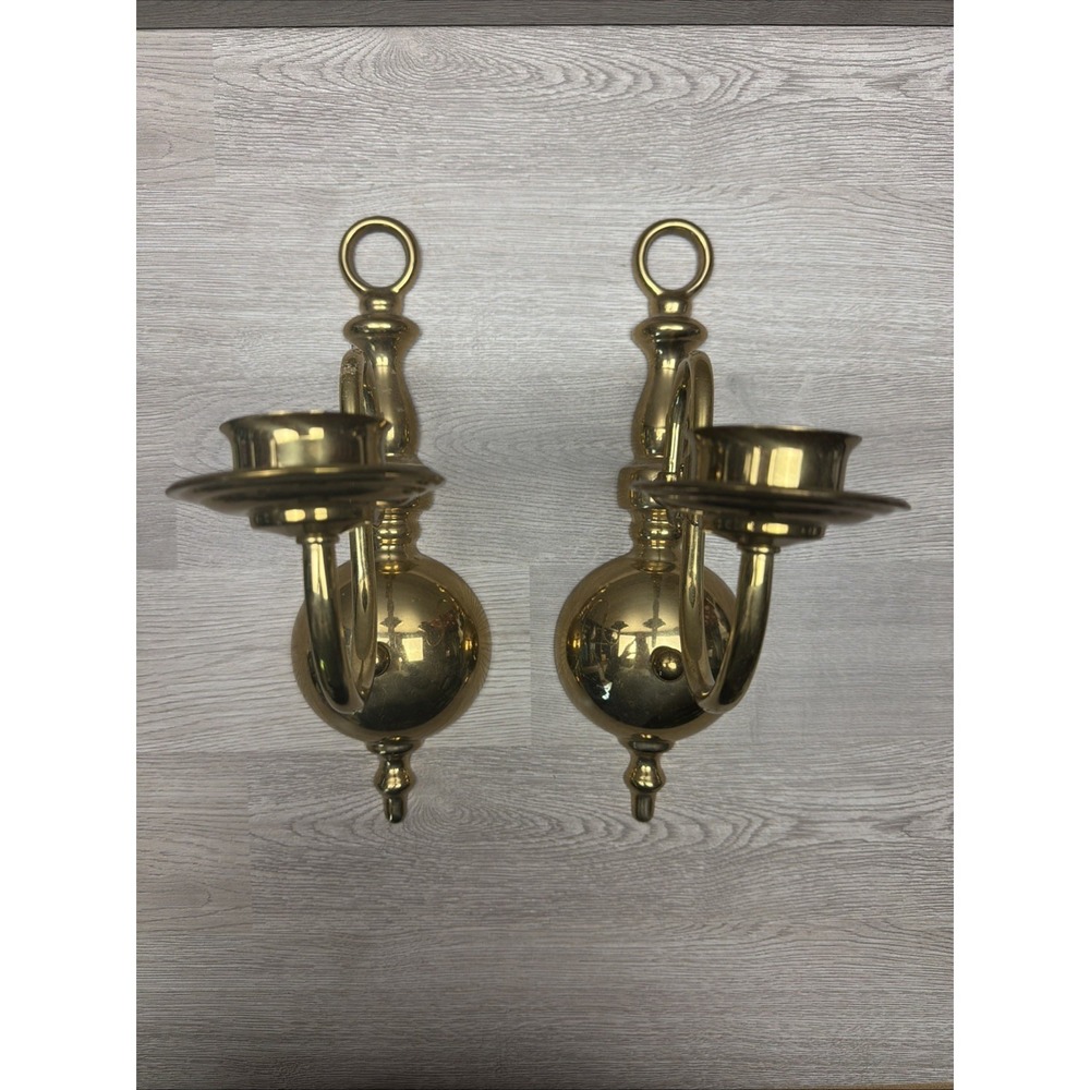 Vtg 13" BRASS BALL Pair WALL SCONCE LAMP Williamsburg Style SINGLE ARM